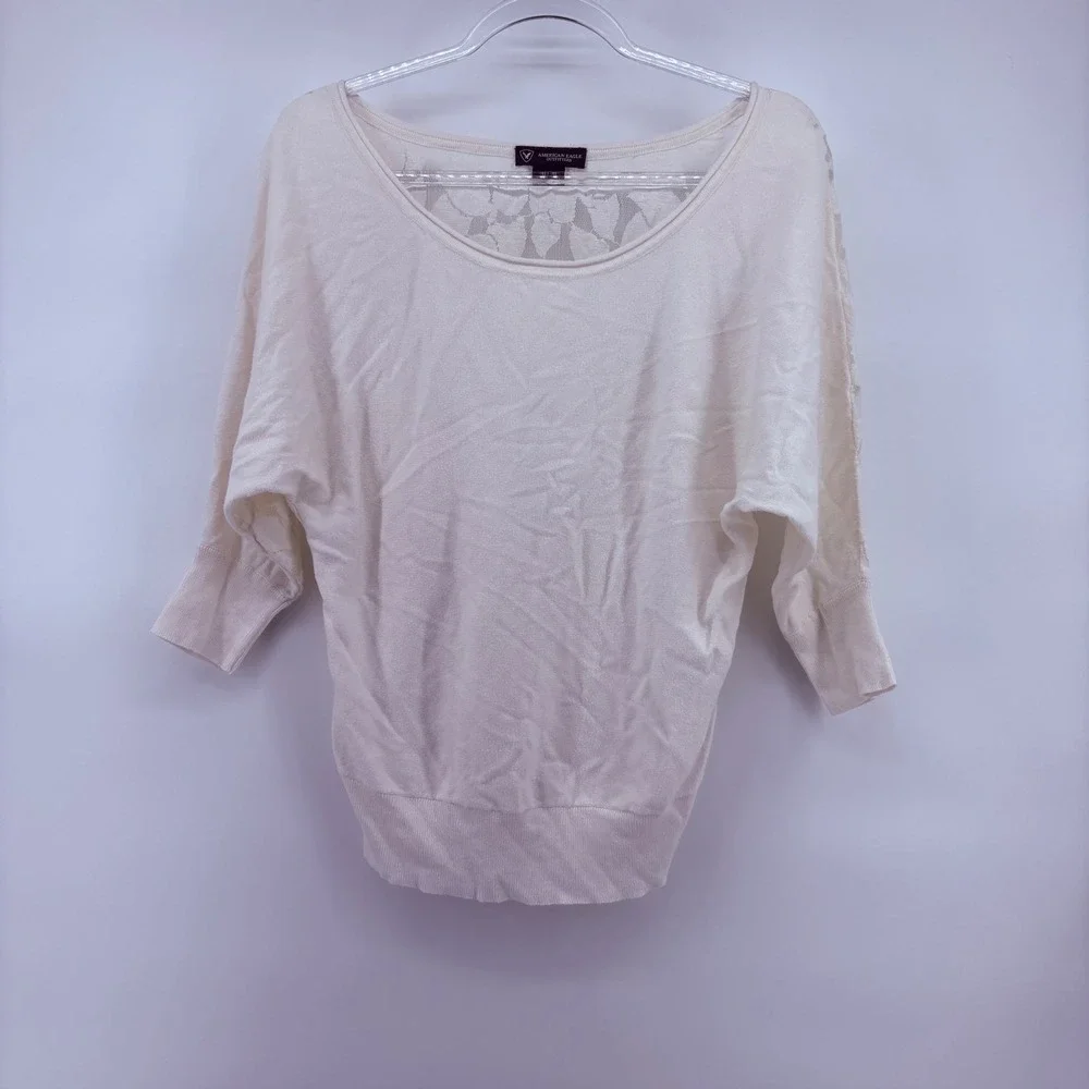 American Eagle‎ Lace Front Knit Sweater Off White Womens M Batwing Sleeve
